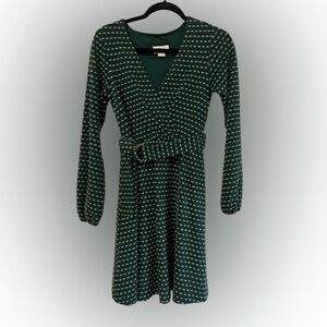 Maeve Anthropologie Dark Green Patterned Long Sleeve Belted Dress Sz XS